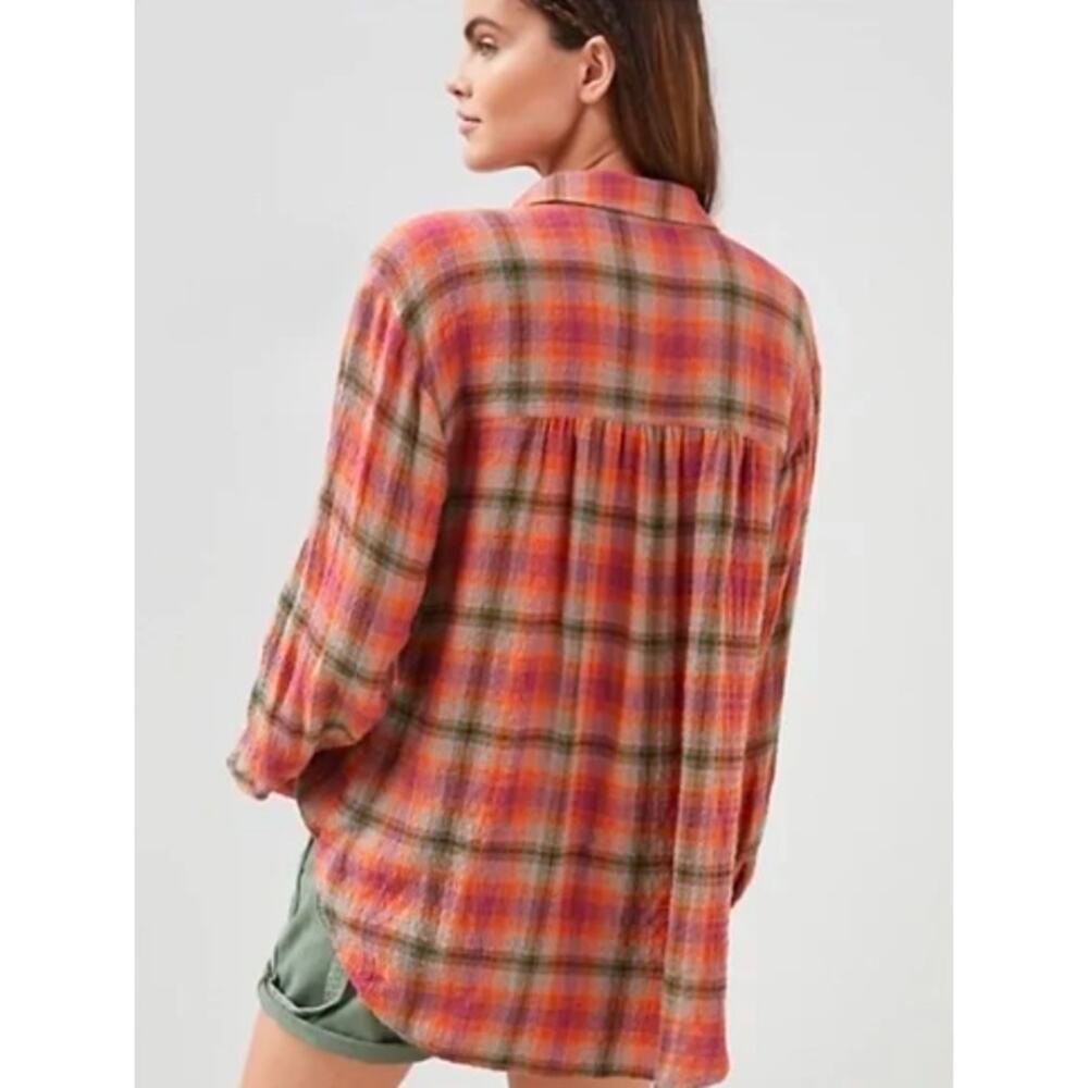 Anthropologie Pilcro Seamed Plaid Tunic Button Down Orange Motif Size XS